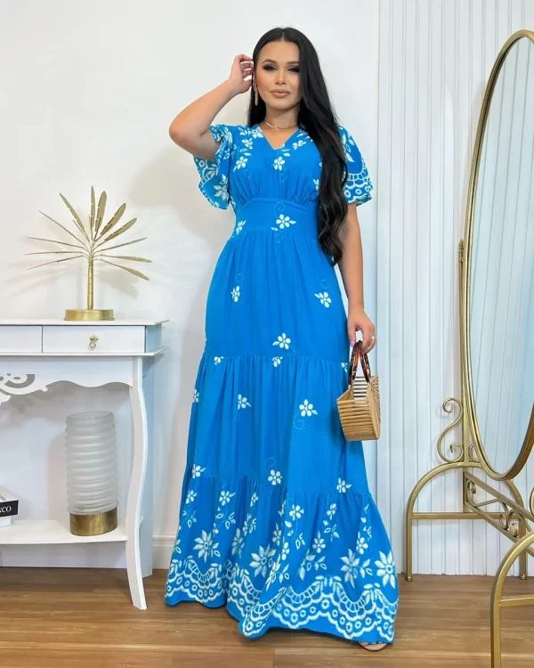 Vestido longo azul com manga